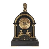 A 19th century French mantle clock, the dial with Arabic chapters, drum movement with gong strike.