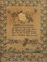 An early 19th century silk and wool sampler worked by Ann Allens aged 11 years 1821, 44cm x 33cm.