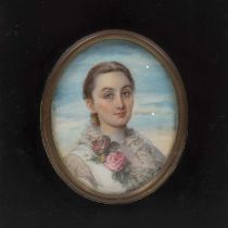 A late Victorian miniature oval portrait of a lady with roses and pearls, painted on ivory 9cm x 7.