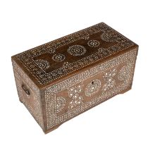 A late 19th century Moorish hardwood trunk with mother of pearl inlaid decoration 67cm wide 34cm