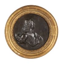 A King George II bronze portrait plaque, The King lavishly armoured and draped 17.5cm diameter. E.