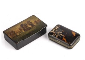 A Victorian lacquered snuff box painted with galleons 11cm wide together with a tortoiseshell and