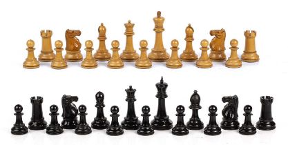 An early 20th century Jaques & Son Staunton ebony and boxwood chess set the king 11cm high with