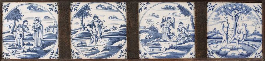 A set of four English and Dutch Delft blue and white tiles depicting biblical scenes 12cm x 12cm