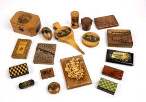 A collection of Mauchline ware and treen to include a pin cushion in the form of bellows and made