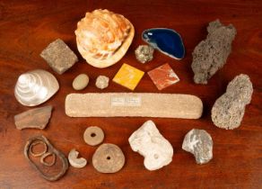 A collection of minerals, samples and pottery fragments to include a sample of itacolumite,