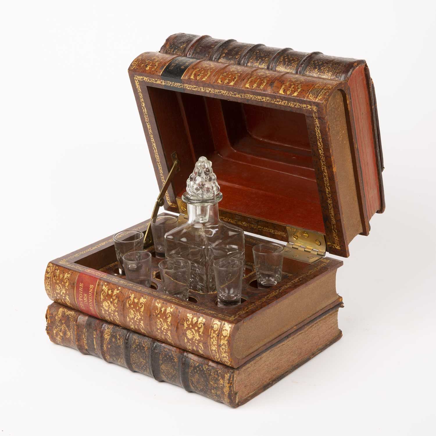 An early 20th century French leather bound Tantalus in the form of a stack of books, with later - Image 3 of 12