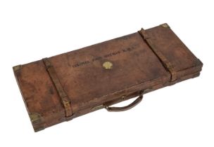 An early 20th century leather bound oak gun case by Thomas Horsley of York, the top impressed