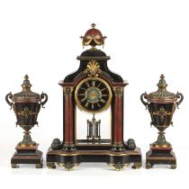 A 19th century French mantle clock Garniture de Cheminee, the black and gilt Roman dial signed