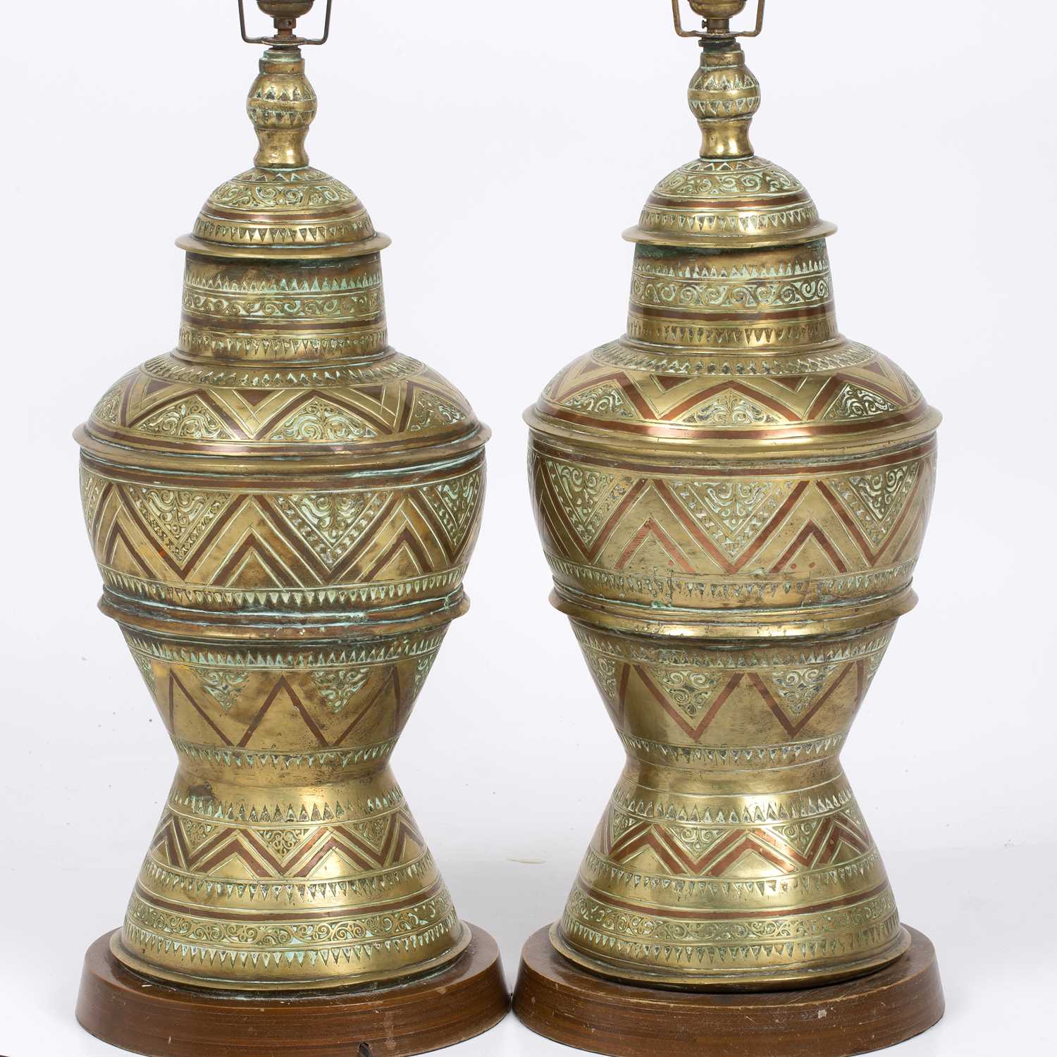 A pair of 19th century eastern brass and copper inlaid lamp bases 27cm wide 60cm high later - Image 3 of 3