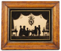 Two early Victorian reverse glass silhouettes, The Happy Family 19cm x 24cm and The Burney family