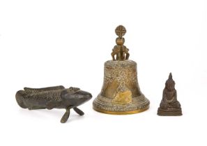 A Tibetan gilt bronze prayer bell 10cm wide 15cm high together with a 19th century eastern bronze