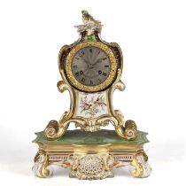 A 19th century porcelain mantel clock with silvered engine turned Roman dial, drum movement, outside