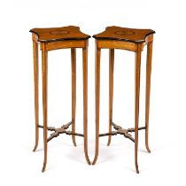 A pair of Edwardian Sheraton revival satinwood wine tables circa 1900 with sycamore inlay and