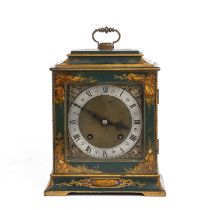 A 20th century English made bracket clock with green chinoiserie gilded decoration 21cm wide 15cm