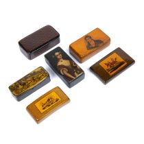 A group of six 19th century snuff boxes to include a pen work box stamped H Arnett, depicting John