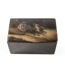 A late 19th century Russian lacquered tea caddy with a painted scene 17.5cm wide 11cm deep 9.5cm