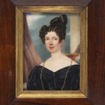 A 19th century miniature head and shoulder portrait of a lady in a black dress, painted on ivory 9cm