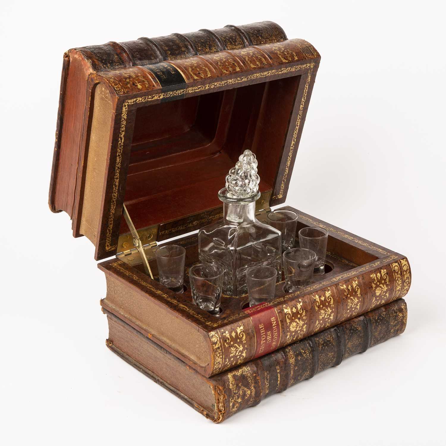An early 20th century French leather bound Tantalus in the form of a stack of books, with later - Image 2 of 12