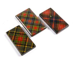 Three Mauchline ware Tartan card cases McPherson, Caledonia and McBeth the largest 5.5cm x 9.5cm