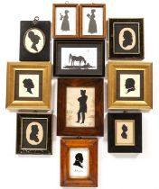 A group of eleven antique and later portrait silhouettes, all framed.