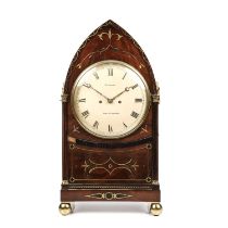 A Regency mahogany and brass inlaid table or bracket clock, the painted convex Roman dial signed