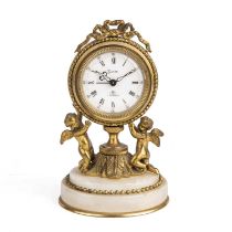 A Swiza 7 jewels alarm clock, retailed by Halcyon days London, with gilt cherubs and an onyx base