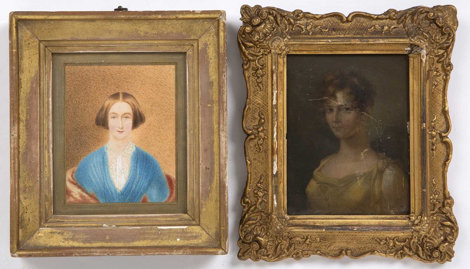 An early 19th century portrait of a young lady, oil on board 11cm x 15cm mounted in a gesso frame - Image 2 of 3