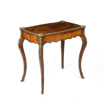 A late 19th century French Kingwood and rosewood marquetry inlaid writing table with ormolu mounts a