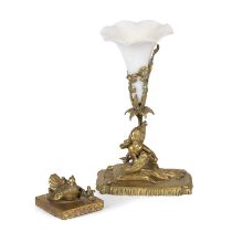 A 19th century gilt metal and white glass trumpet vase with a cherub and puppy 6cm wide 26cm high