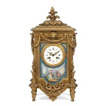 A 19th century French Louis IV style gilt metal mantel clock, the white enamel convex Roman dial
