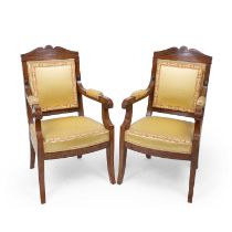 A pair of 19th century Continental Amboyna burr wood chairs with rosewood inlay, yellow silk