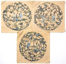 Late 19th century Chinese, three silk embroideries of paper 22cm x 22cm (3)