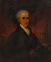 An early 19th century portrait of a gentleman in a library oil on board 32cm x 26cm