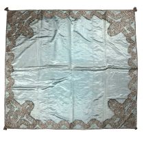 A late 17th century blue silk bearing cloth with silver thread decoration 130cm x 146cm A clean
