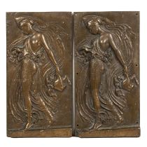 Two antique cast bronze plaques depicting classical maidens each 22cm x 41cm