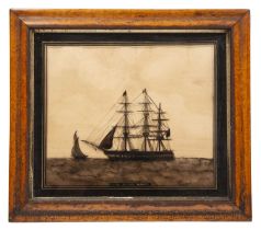 An early Victorian reverse glass silhouette, H.M.S Eastern Monarch 31cm x 27cm mounted in a maple