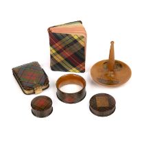 Mauchline ware Tartan to include McLean note book, 5cm x 7cm, Mcbeth and Caledonia stamp boxes and a