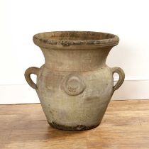 Terracotta garden pot with raised decoration and twin handles, 53cm diameter x 58cm high Chipped and