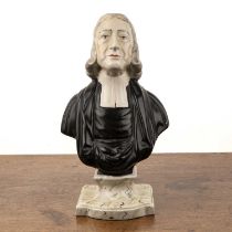 Ceramic bust of John Wesley (1703-1791) on a plinth, the plinth decorated in a green, yellow and