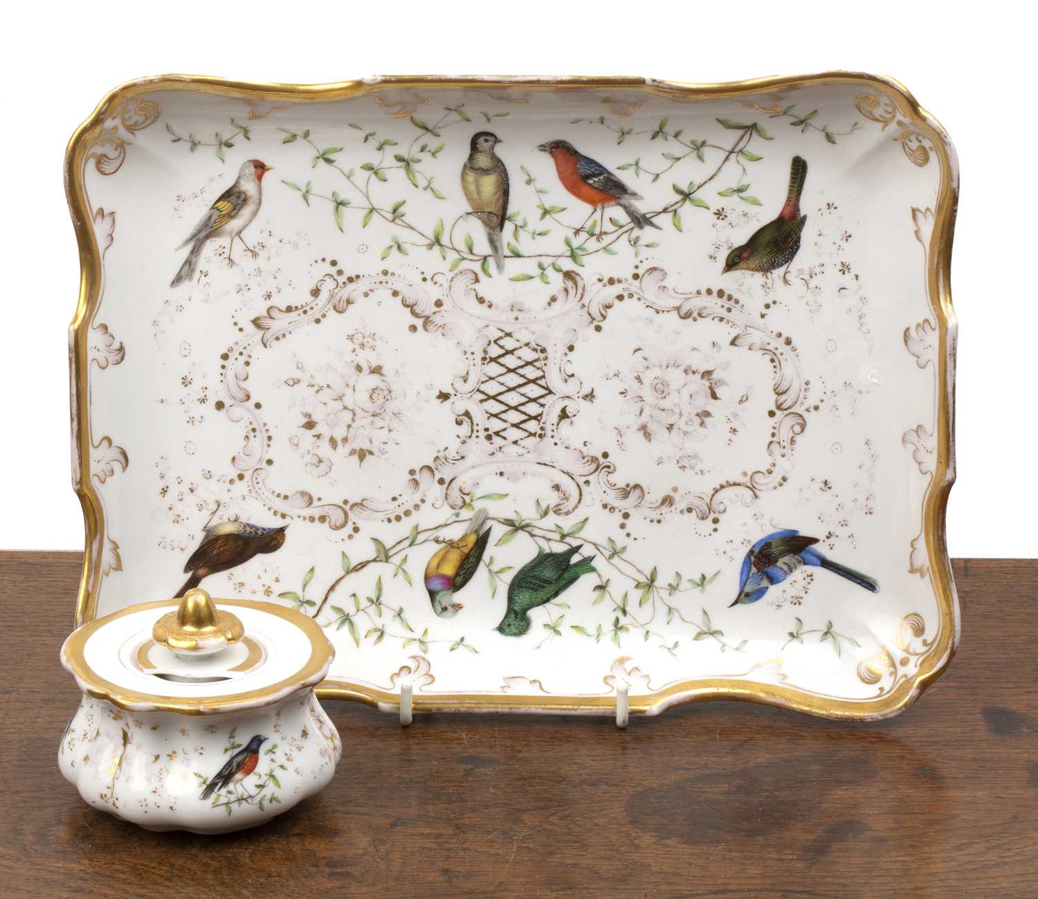 Berlin KPM porcelain ink or desk stand with one accompanying inkwell, decorated with various birds