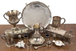 Group of silver and silver plate to include: a Victorian silver twin handled trophy, bearing marks