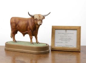 Royal Worcester porcelain 'Highland bull' modelled by Doris Lindner, on original wooden plinth
