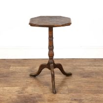 Burr elm octagonal occasional table 19th Century, with a tip-up top on a carved tripod base, 43cm