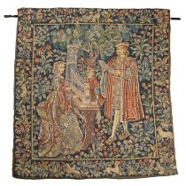 Belgian tapestry in the Medieval style, with a scene of figures in a garden setting, 126cm x 114cm