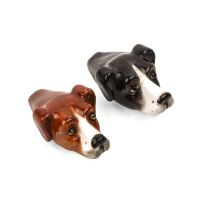 Royal Worcester porcelain pair of hound head whistles, one in black, one in tan, one with a puce