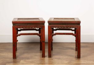 Pair of red lacquer stands Chinese, decorated with gilt scrolling details, 47cm wide x 47.5cm deep x