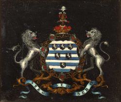 Heraldic crest study with motto 'Sero Sed Sero', oil on panel, unsigned, in burr maplewood frame,