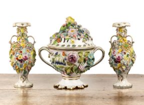 Coalbrookdale-style bowl and cover with encrusted with flowers, 31cm and a pair of similar vases,