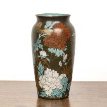 Dark green ground vase Chinese, possibly Bizen ware, decorated with various flowers and foliage,